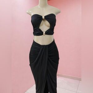 Black Cut-Out Two Piece Set | Strapless Top & Draped Maxi Skirt Size M